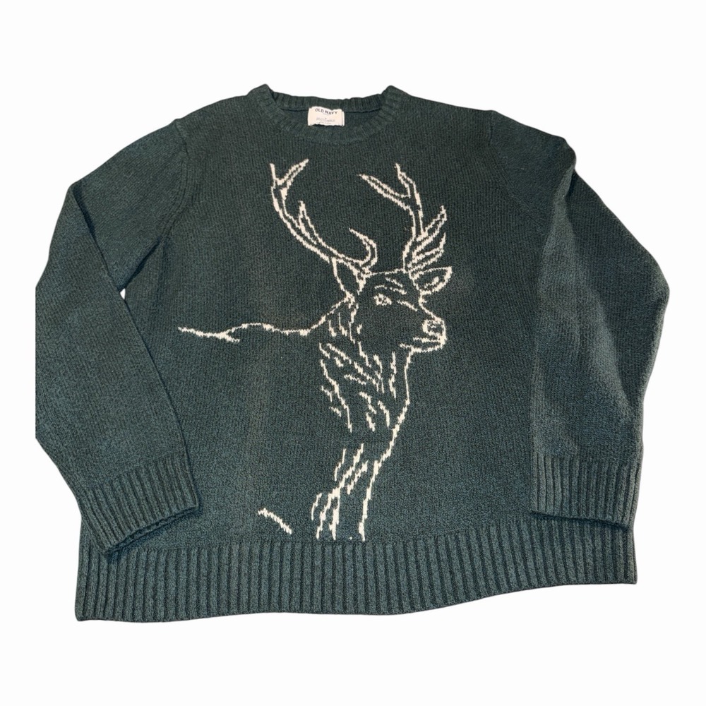 Deer Stag Sweater Forest Green Old Navy SoSoft Mens M Unisex Woodland Cabin Knit